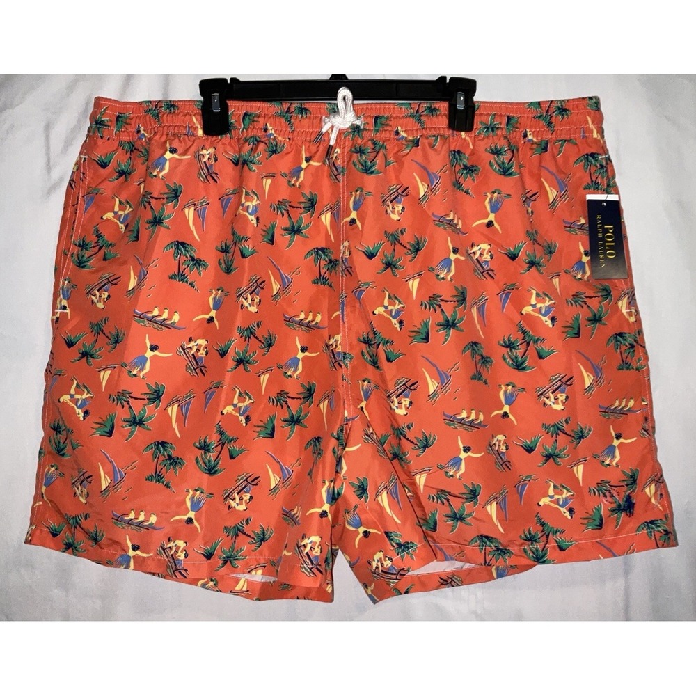 NWT Men's Polo Ralph Lauren Orange Tropical‎ Print Lined Swim Trunks 4XB Big